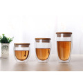 insulated double wall glass cup with wooden lid